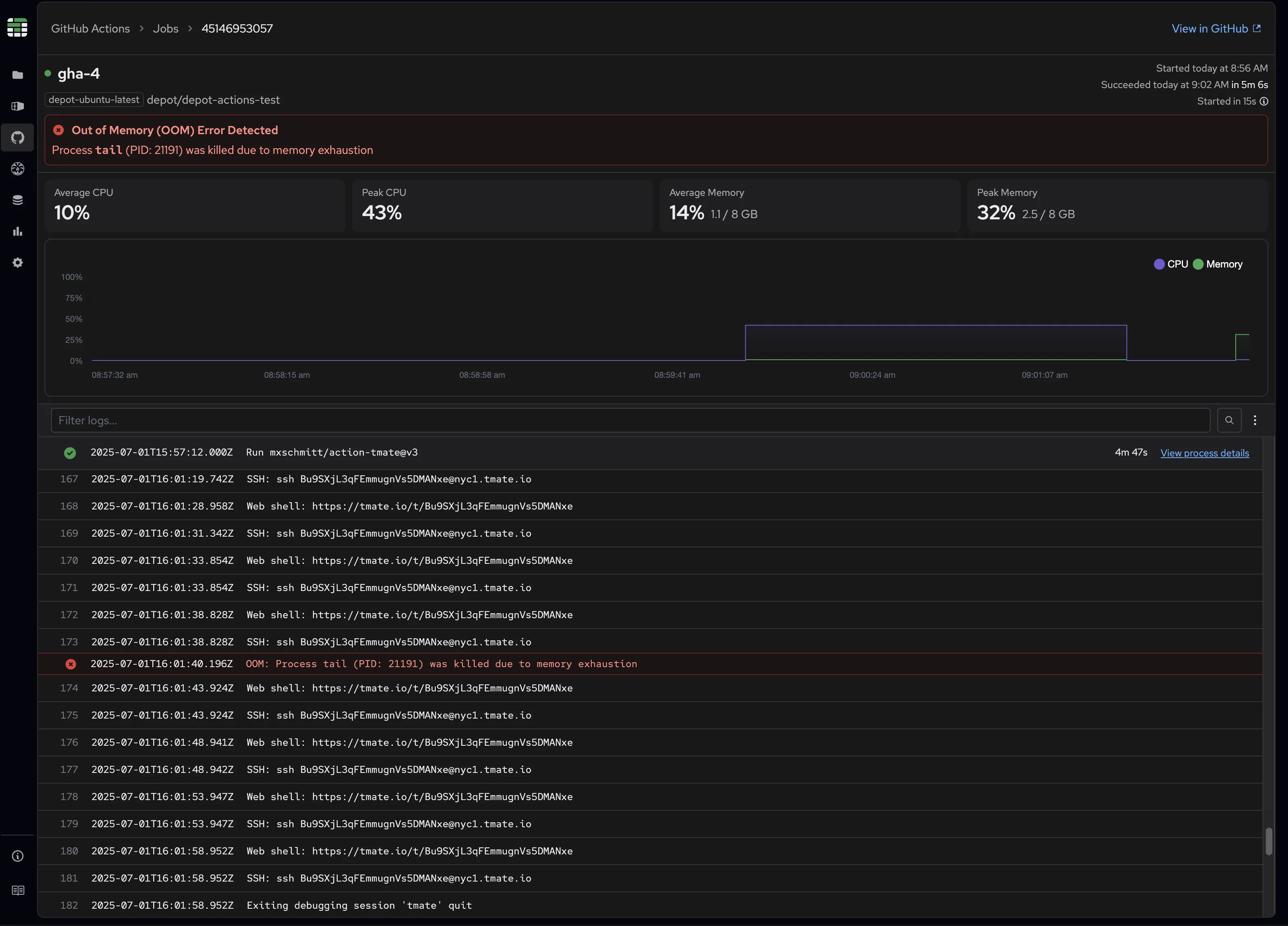 Out of memory indicator for GitHub Actions job