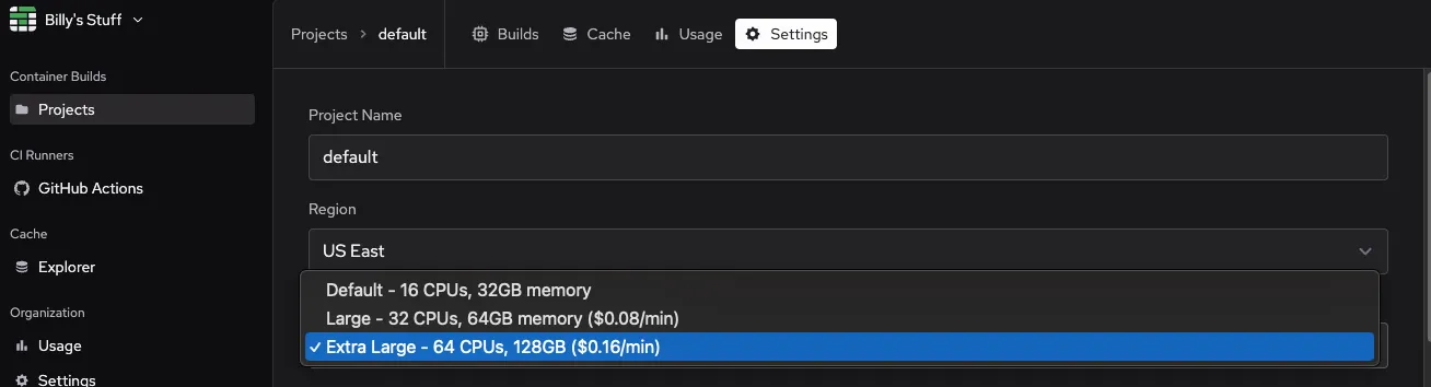 A screenshot showing the builder size selection in the project settings page.