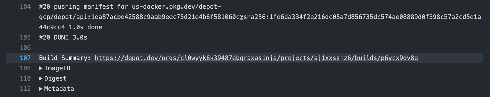 Screenshot showing a build summary link in a GitHub Actions build log