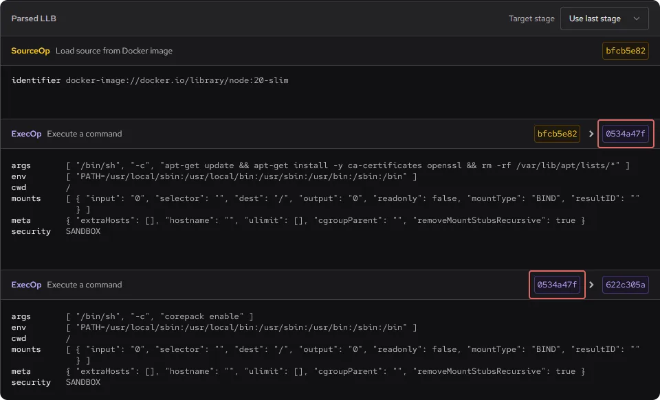 Screenshot of Depot's Dockerfile Explorer, showing three different operations: a SourceOp and two ExecOps. The output hash of the first ExecOp is highlighted, as is the input hash of the second ExecOp, and it shows the hashes are the same.