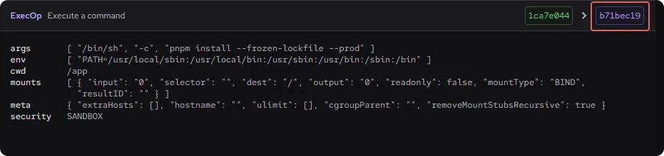 Screenshot within the Dockerfile Explorer. It shows that the hash of the final steps in the build stage is b71bec19.