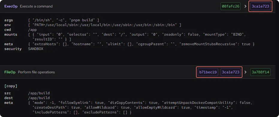 Screenshot within the Dockerfile Explorer. It shows that the hash of the penultimate step of the final stage is 3ca1e723 and that the final FileOp step (which copies files from the build stage to the final stage) takes both b71bec19 and 3ca1e723 as inputs.