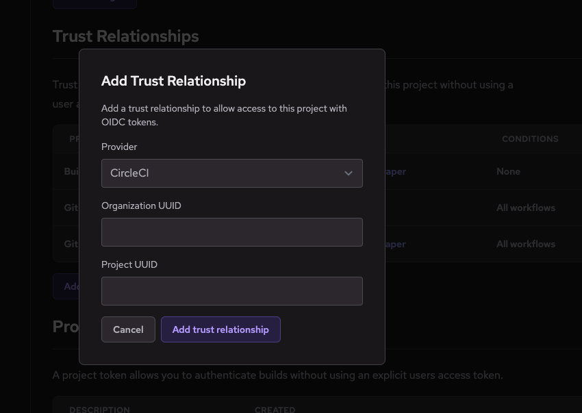 Screenshot showing the form to add a CircleCI trust relationship