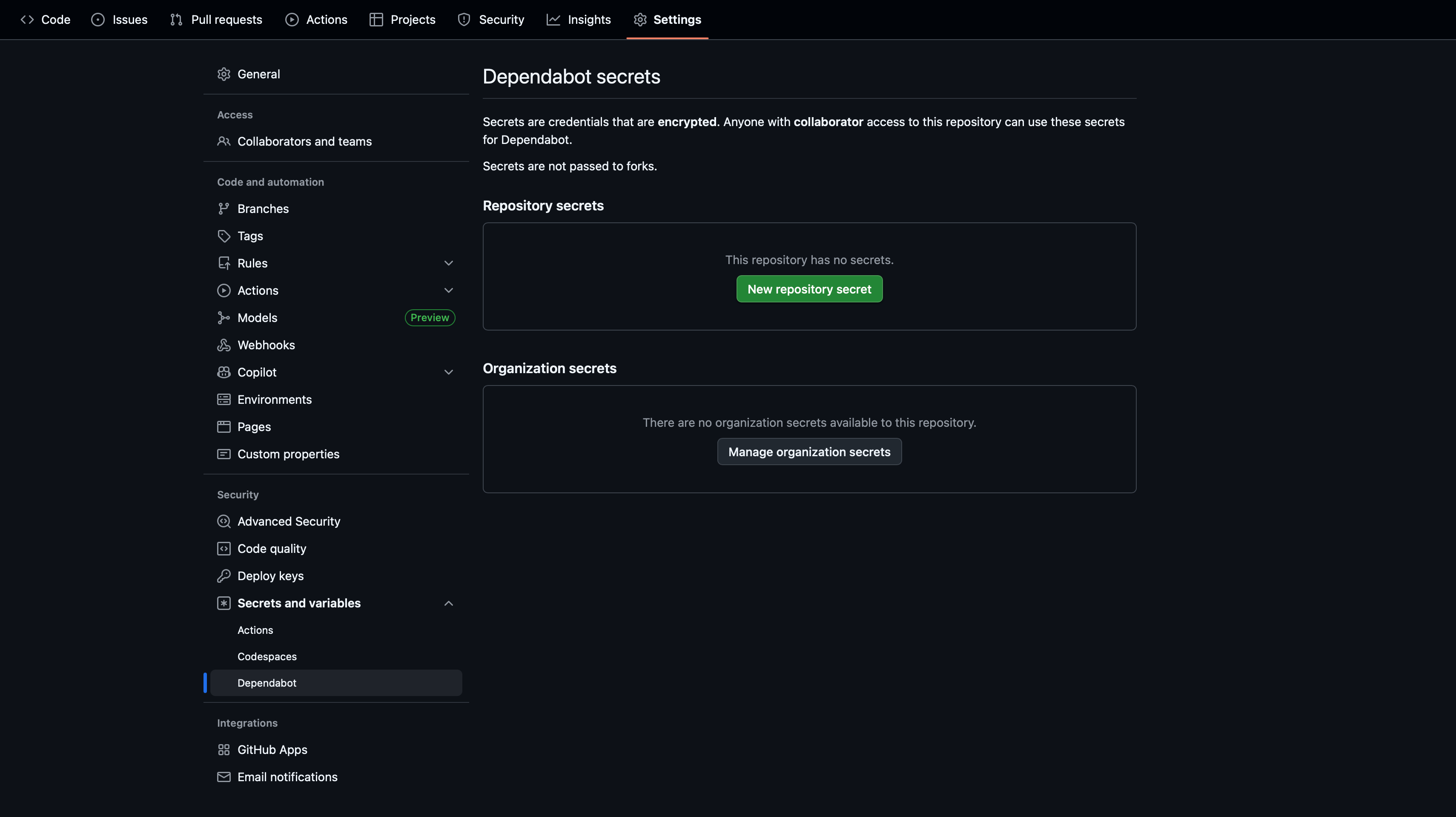 Dependabot Secrets Configuration
