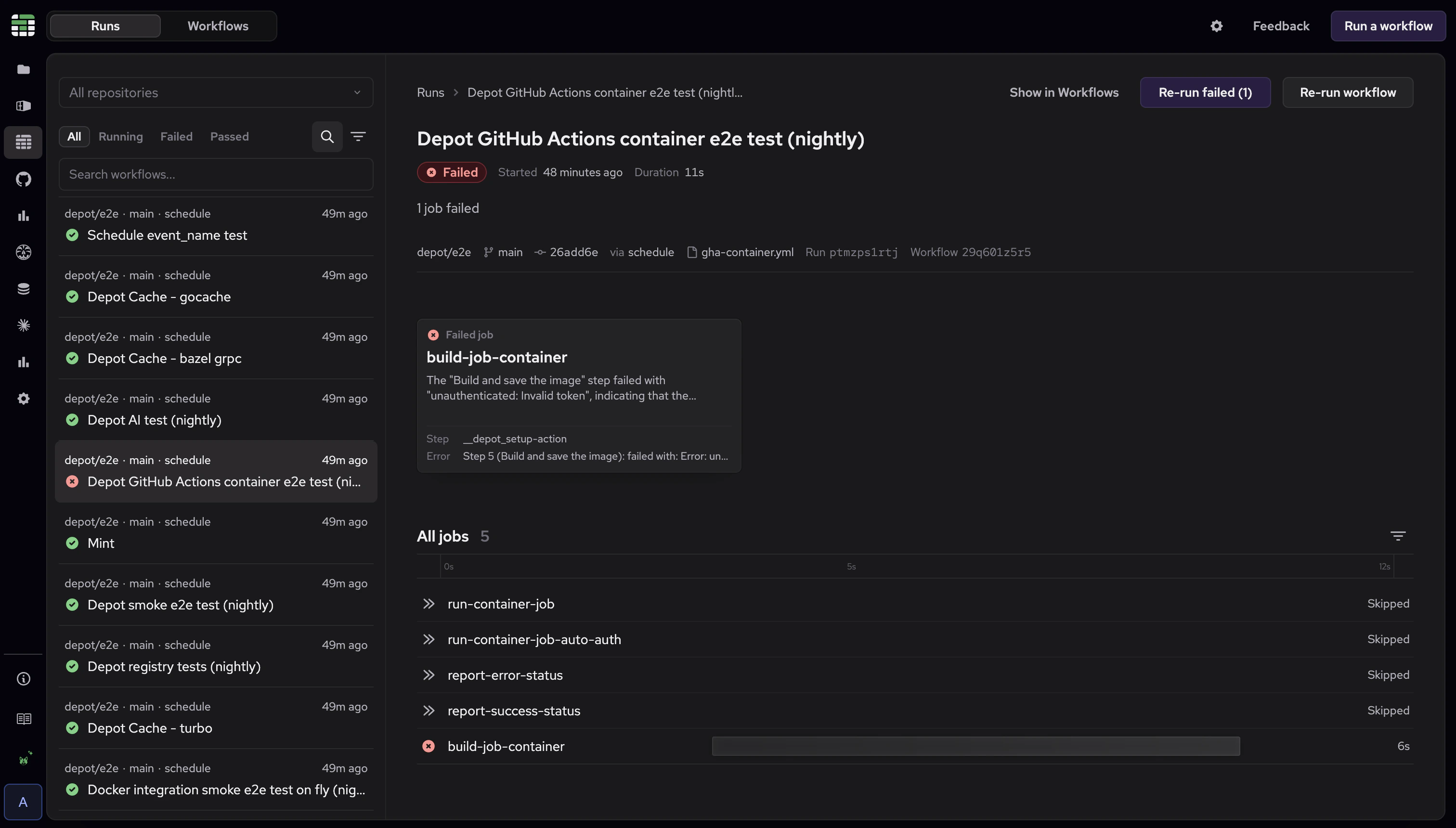 Depot CI run detail view with workflow metadata, failed job diagnosis, and job timeline