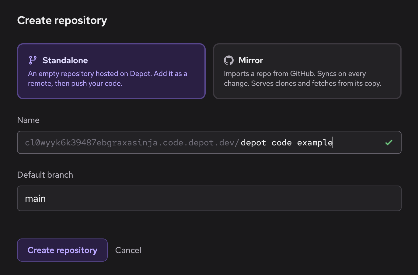Creating a standalone repository in Depot Code