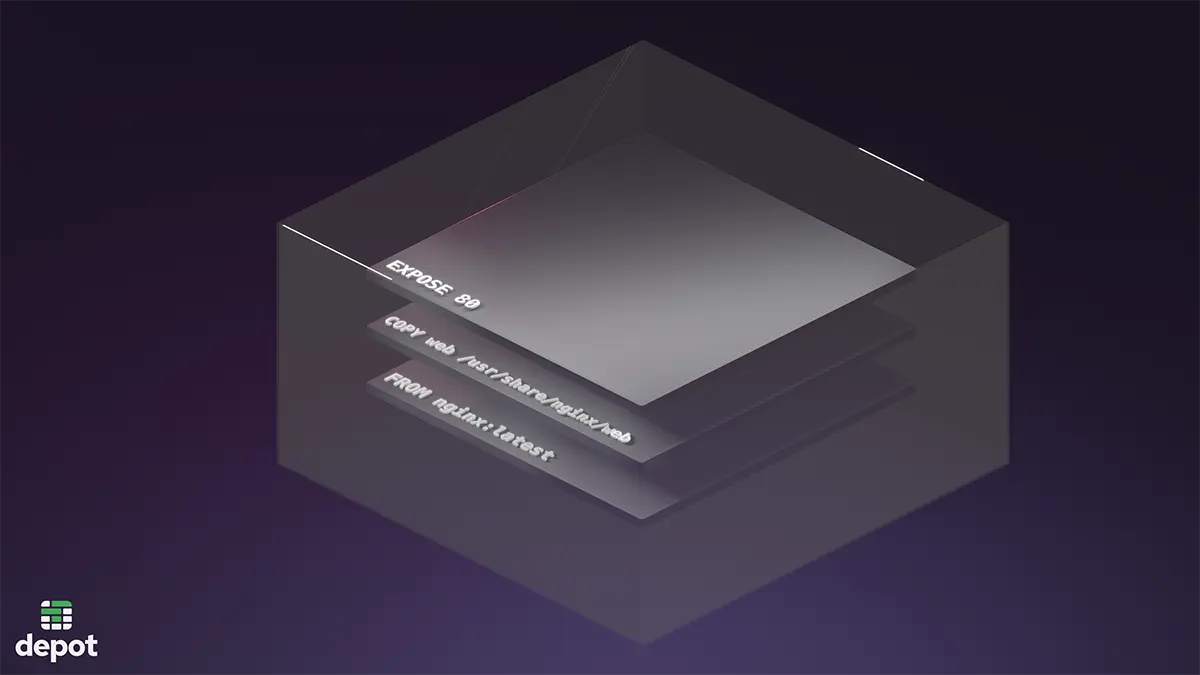 3D rendered visualization of stacked layers in a Docker image