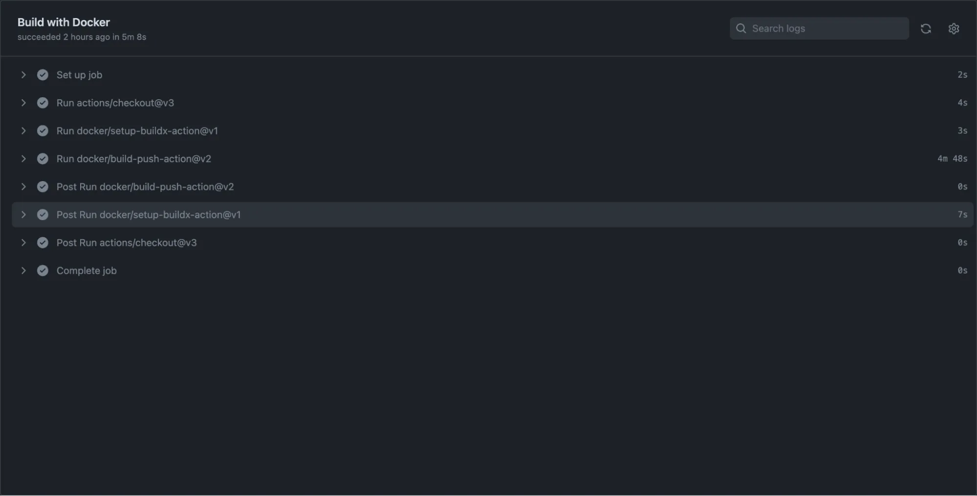 Screenshot of GitHub Actions showing that the steps within the "Build with Docker" job have all successfully run.
