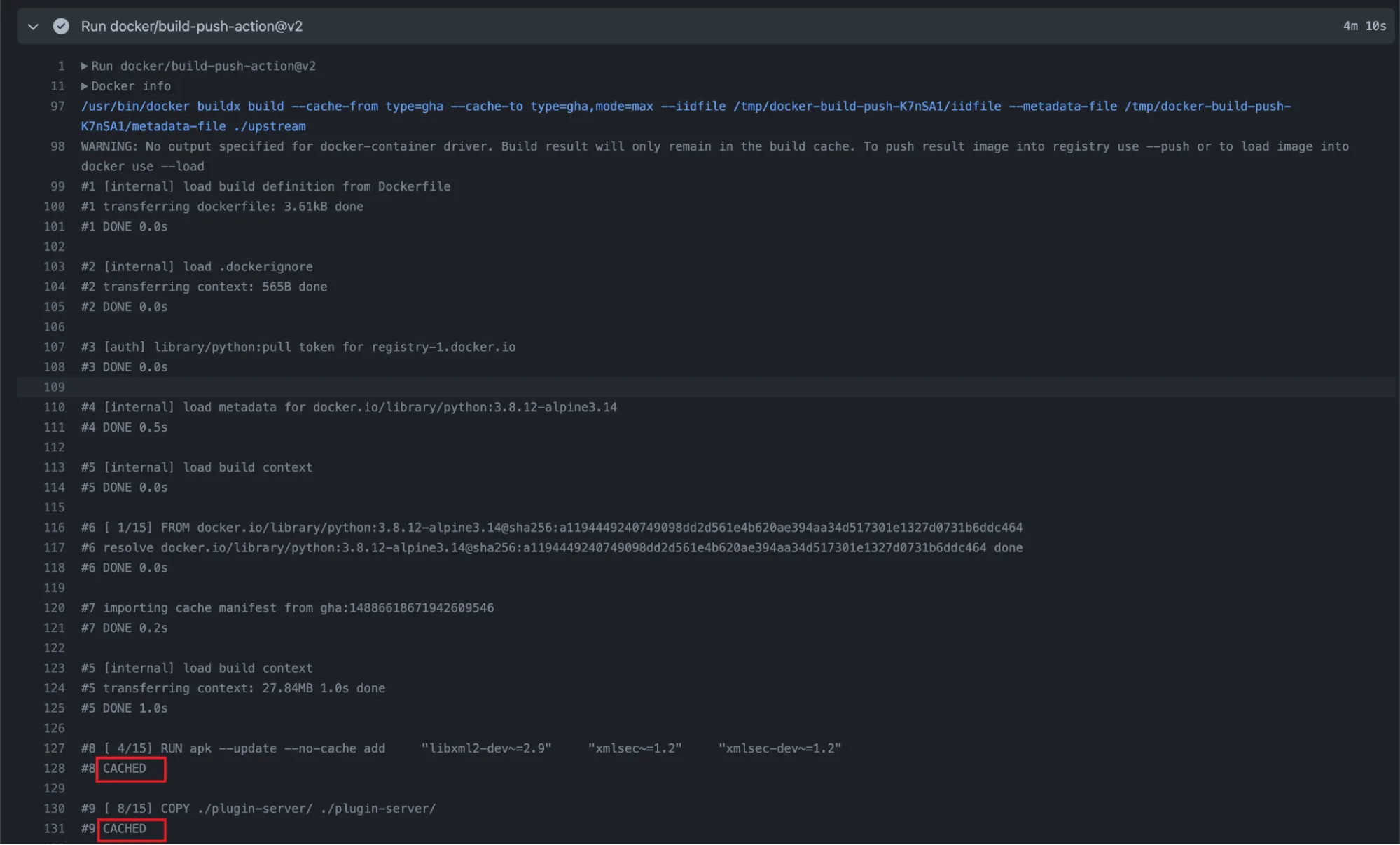 Screenshot of GitHub Actions, showing how layers from previous builds have been cached.