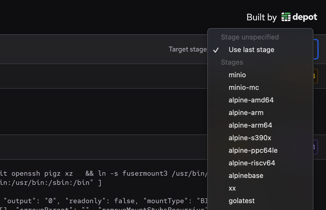 Dockerfile Explorer target stage selector