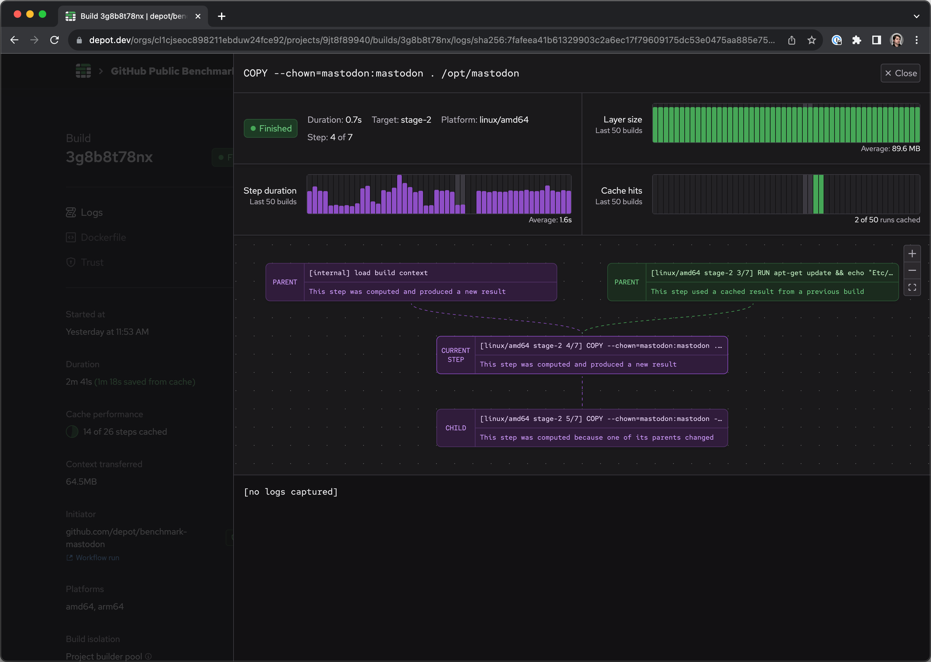 Docker build step view, showing a build step that was evaluated because its parent changed