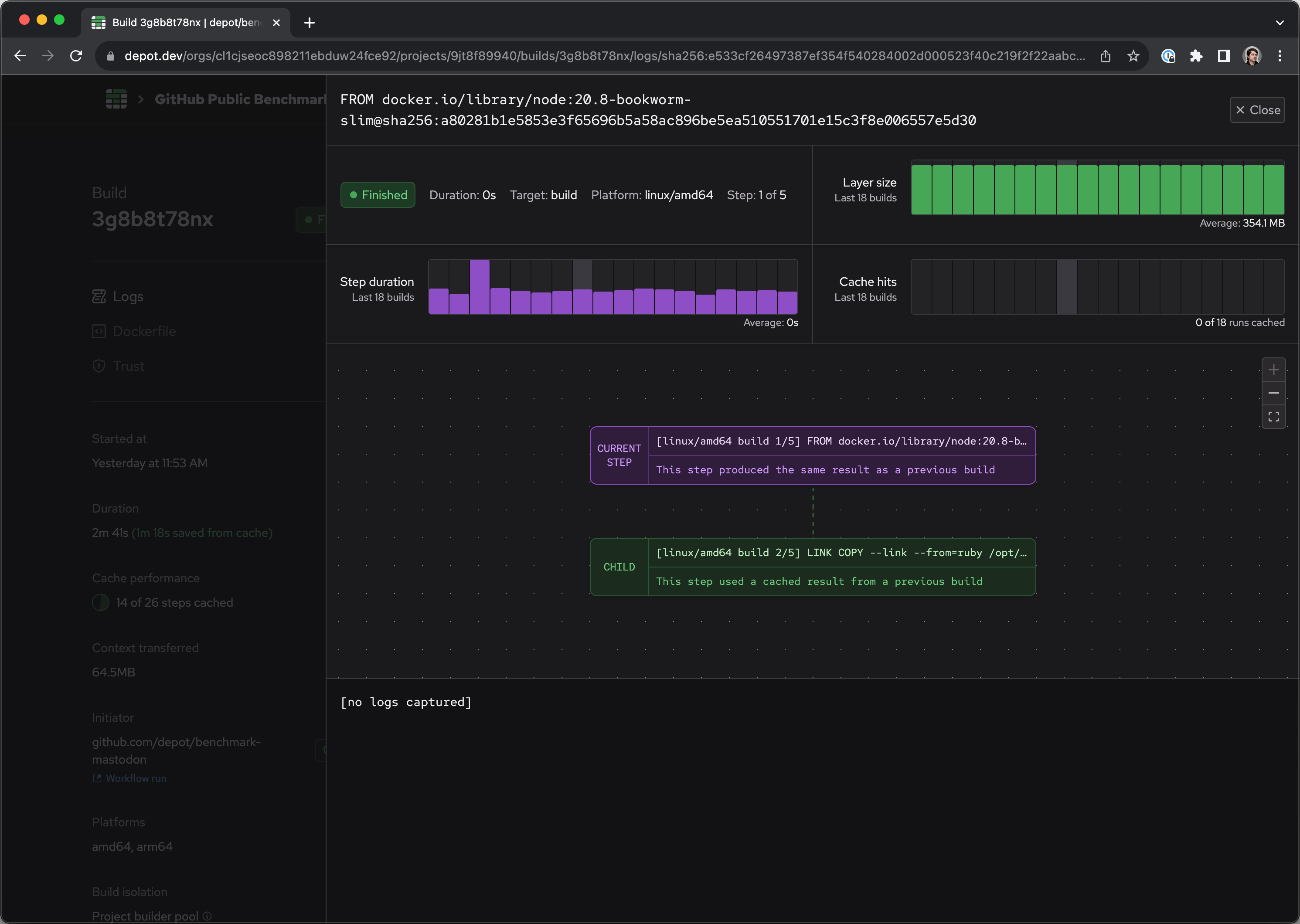 Docker build step view, showing a build step produced the same result as before