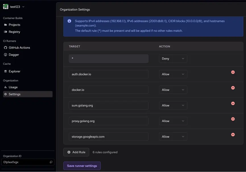 access egress filtering settings in depot github actions runners