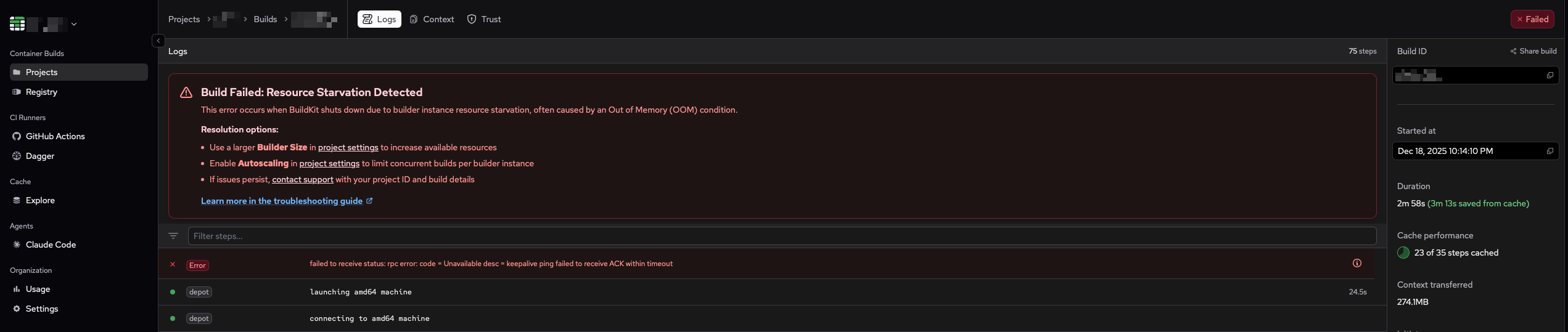 Error banner in Depot dashboard