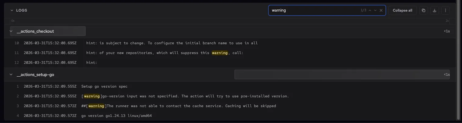 Log viewer with search filtering for 'warning' highlighting matches across workflow steps