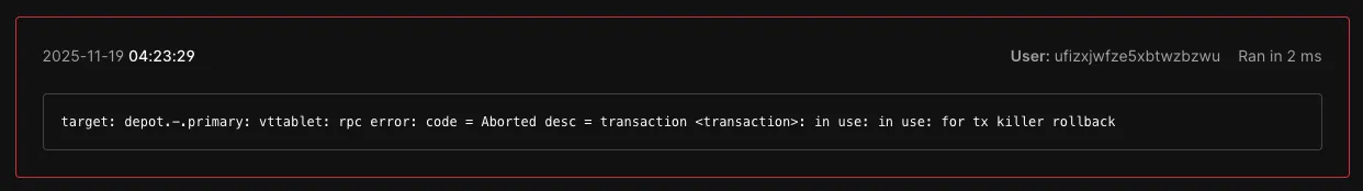 PlanetScale dashboard showing an aborted transaction