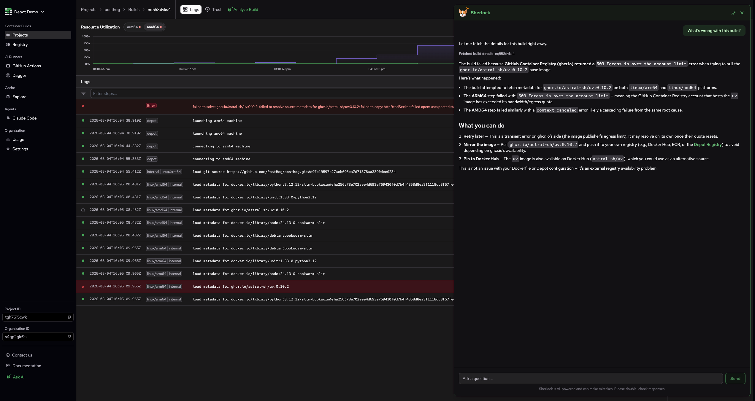 Sherlock analyzing a failed container build