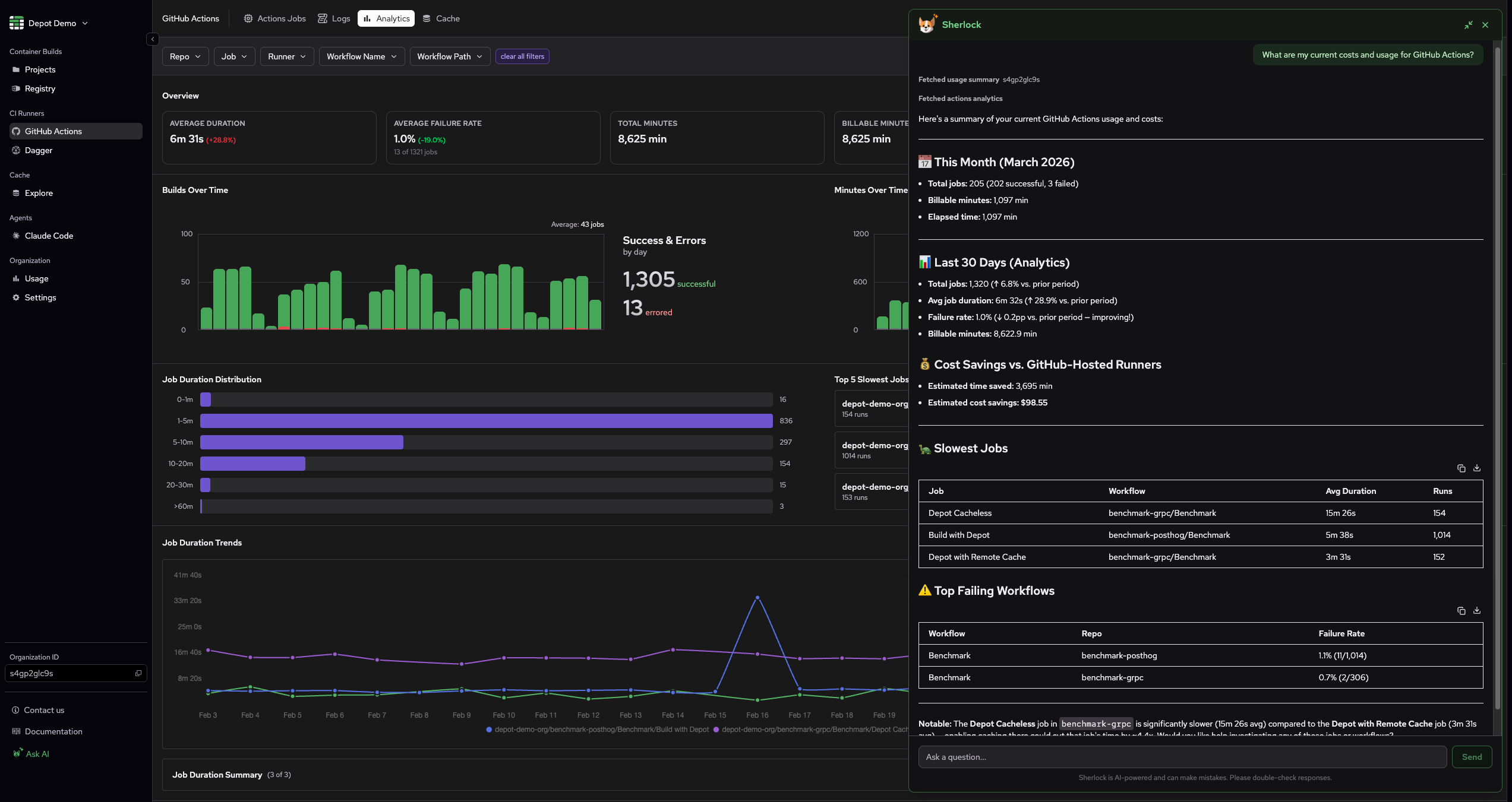 Sherlock breaking down GitHub Actions analytics