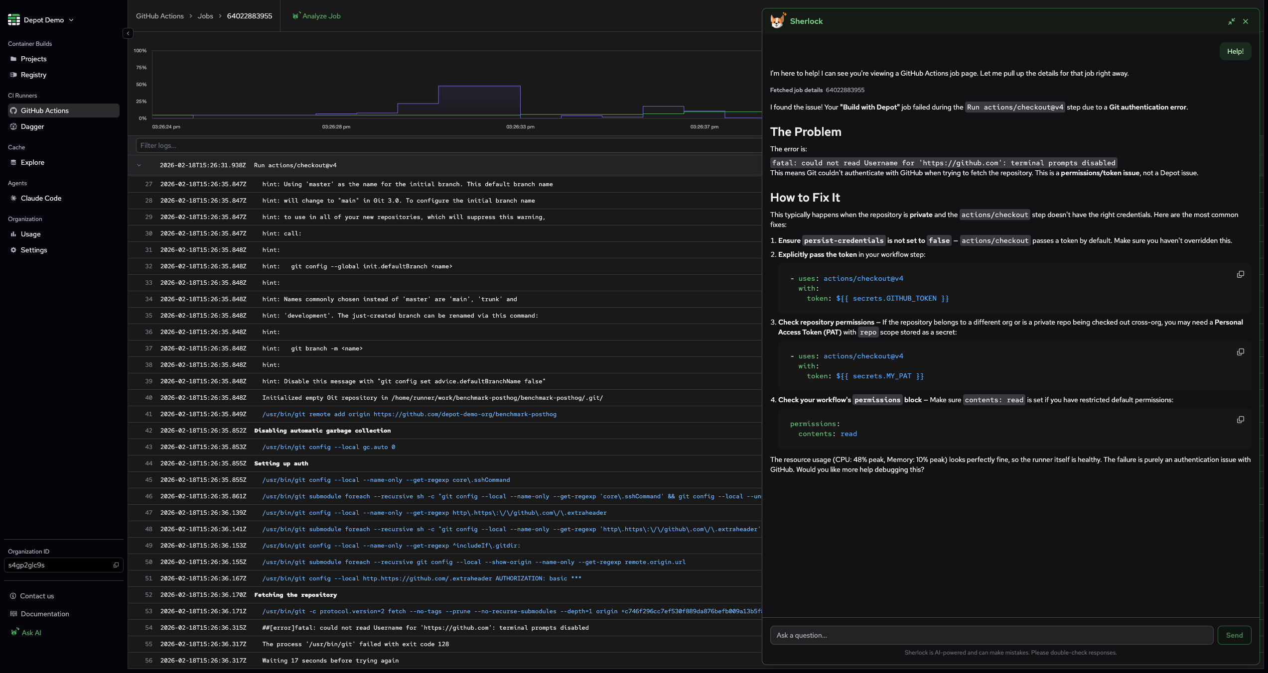 Sherlock analyzing a failed GitHub Actions job