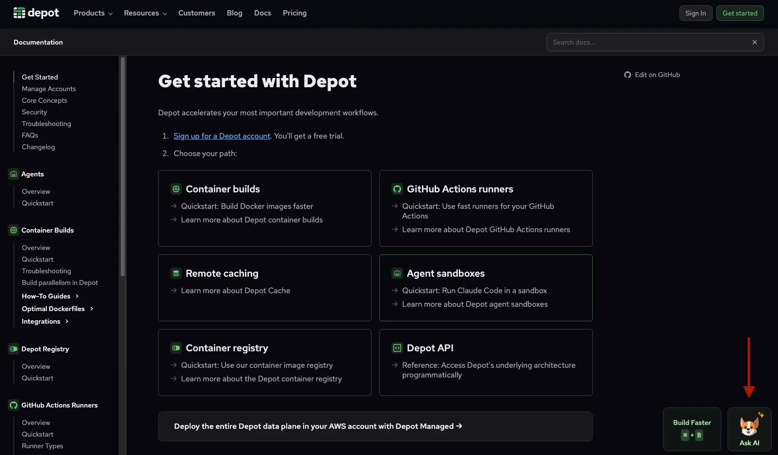 Depot docs page with Ask AI button in bottom right corner