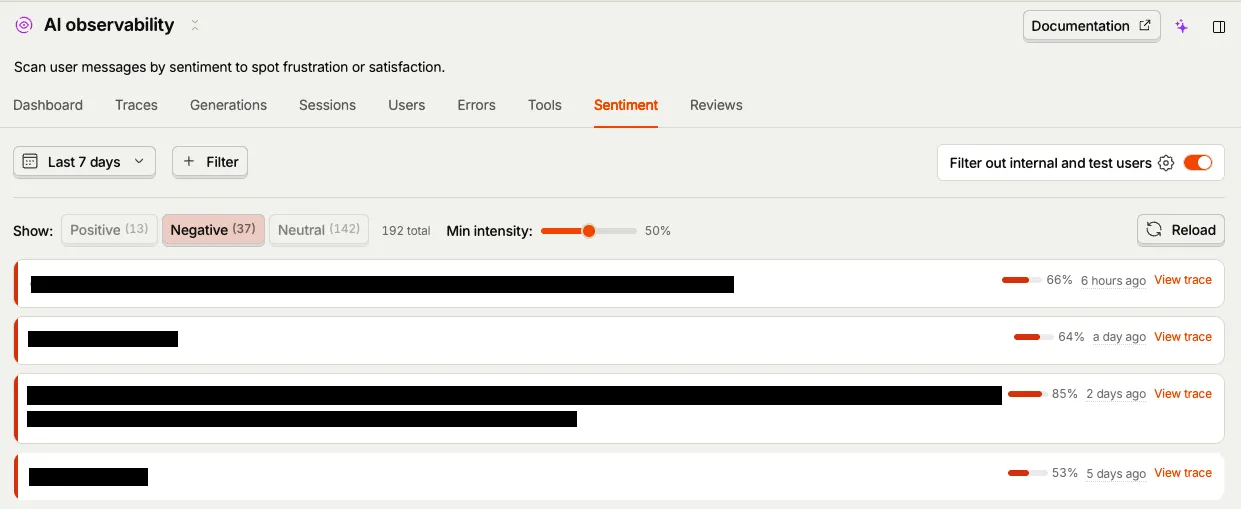 PostHog Sentiment view filtered to 37 negative Sherlock traces out of 192, each with a confidence score