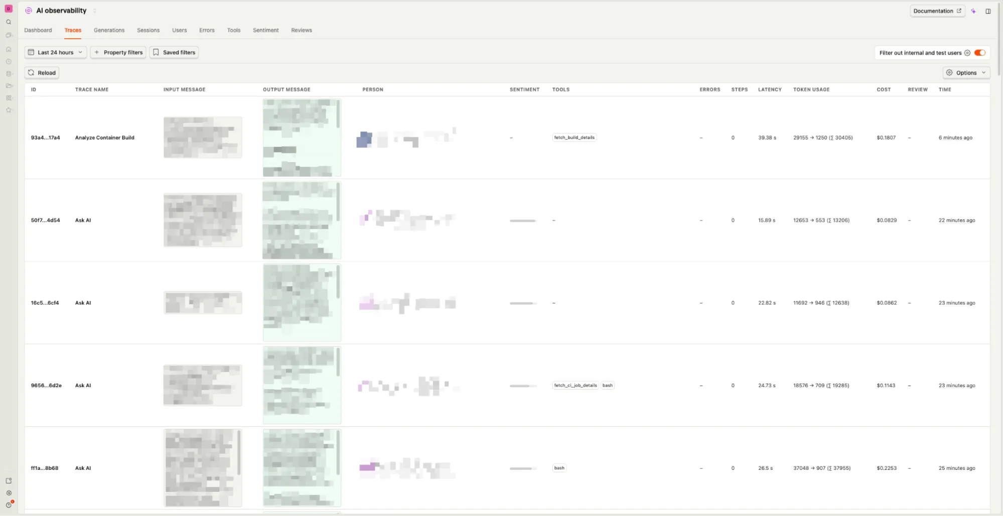 PostHog Traces table of Sherlock interactions showing sentiment, tools, latency, tokens, and cost
