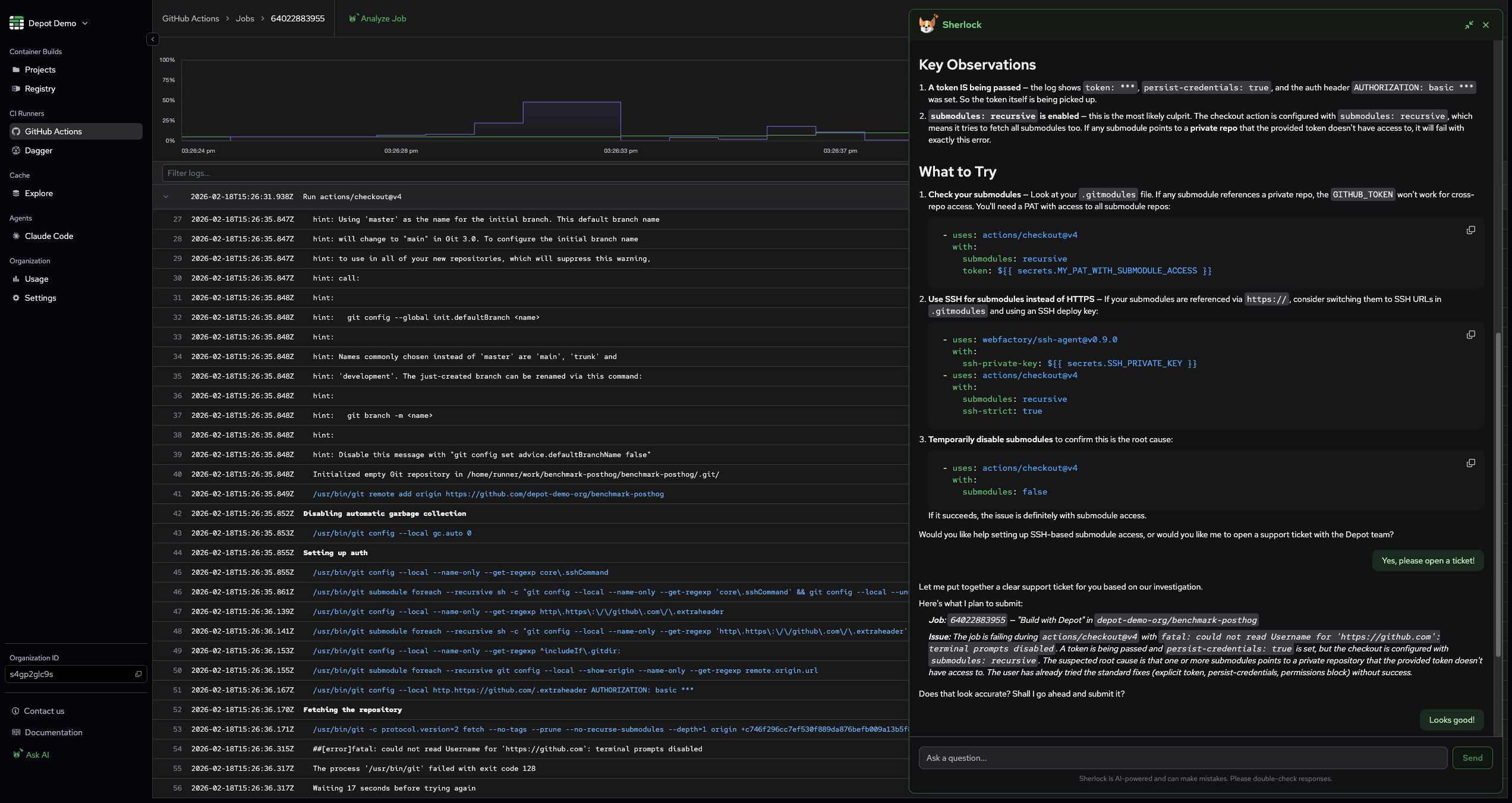 Sherlock offering to open a support ticket