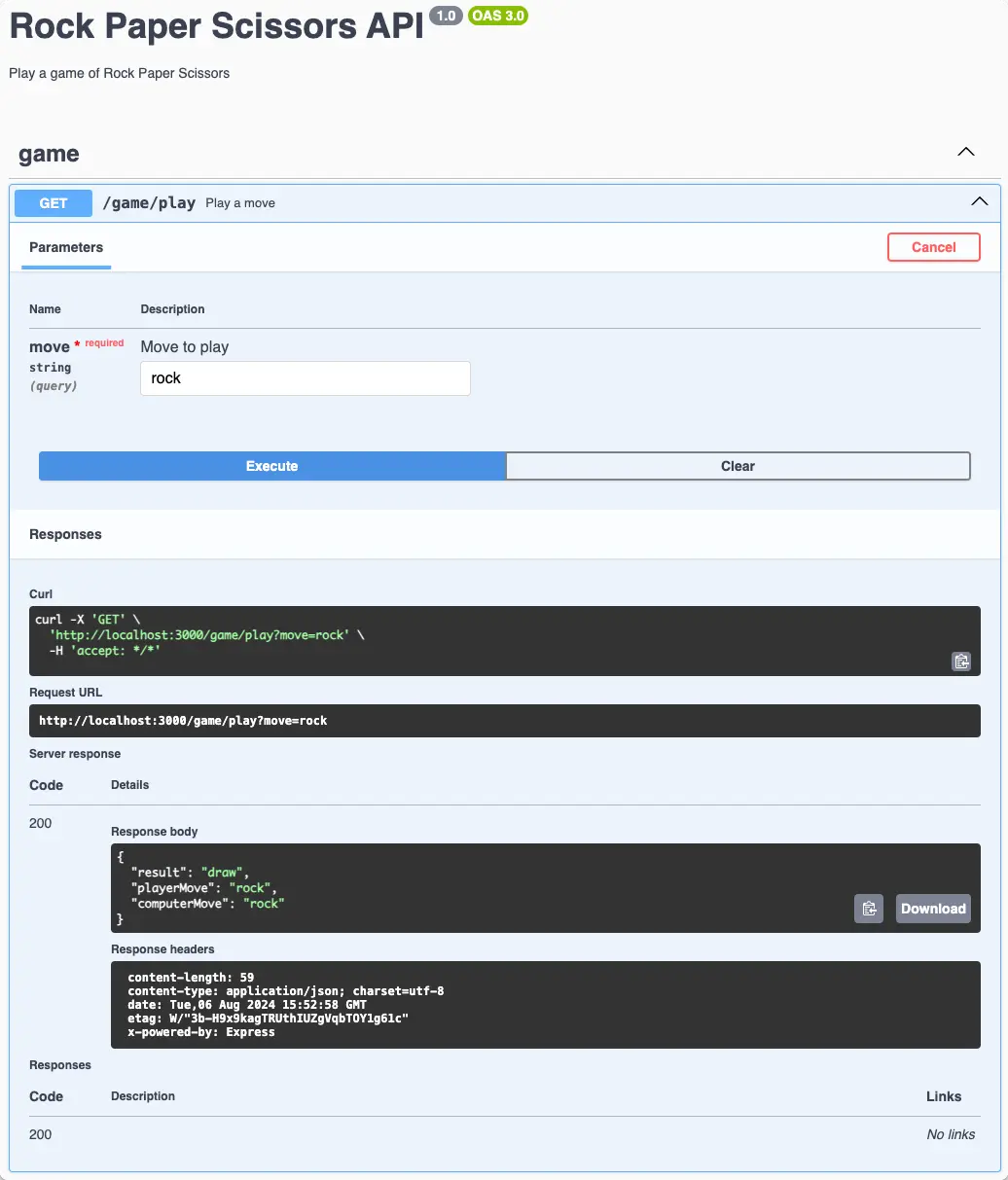 Swagger UI showing Rock Paper Scissors game with draw results